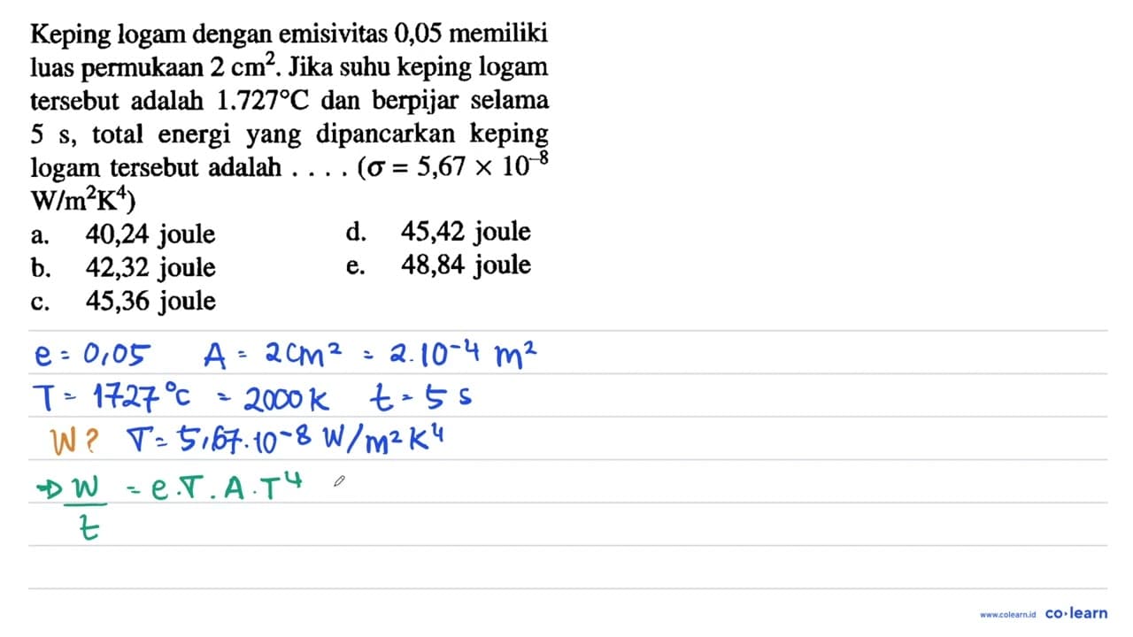 Keping logam dengan emisivitas 0,05 memiliki luas permukaan