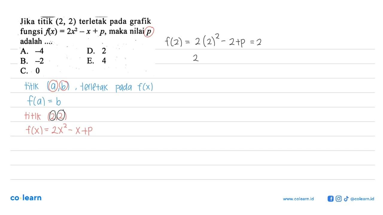 Jika titik (2,2) terletak pada grafik fungsi f(x)=2x^2-x+p,