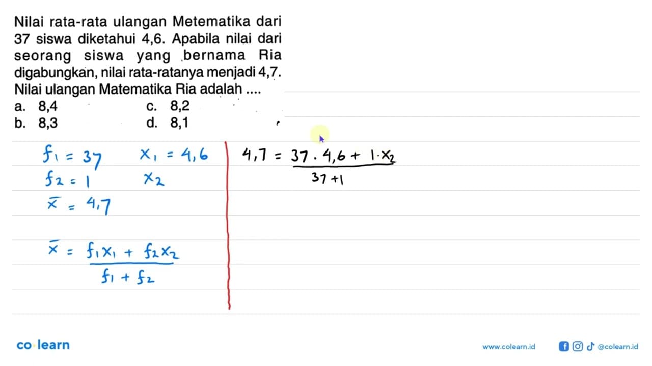 Nilai rata-rata ulangan Metematika dari 37 siswa diketahui