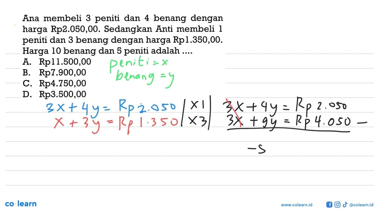 Ana membeli 3 peniti dan 4 benang dengan harga Rp2.050,00.