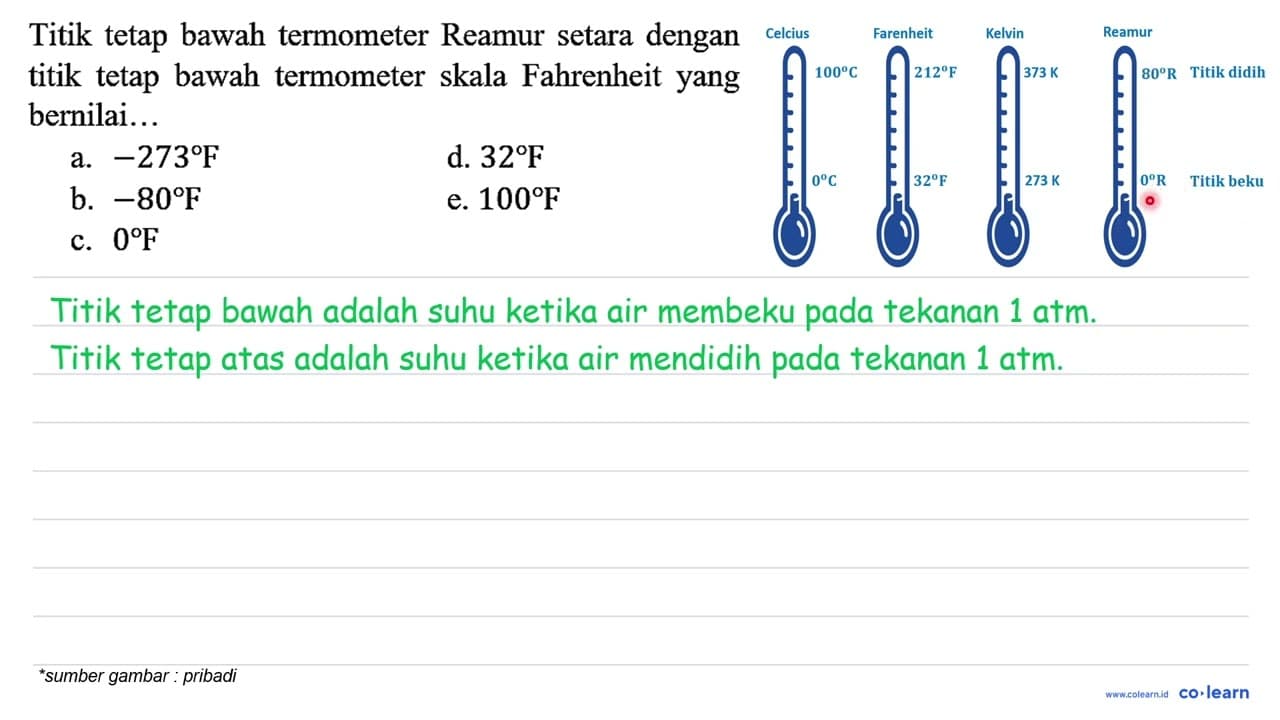 Titik tetap bawah termometer Reamur setara dengan titik