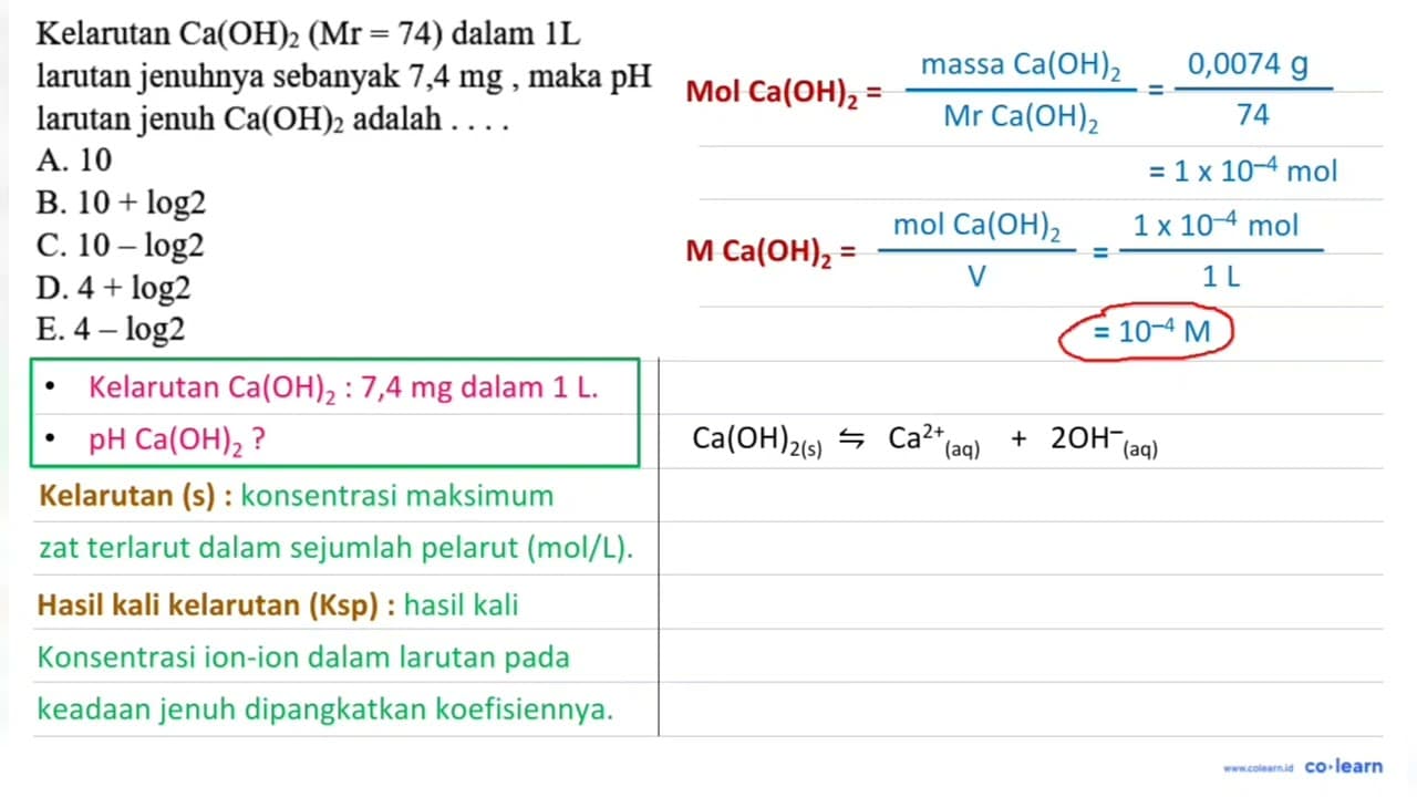 Kelarutan Ca(OH)2(Mr=74) dalam 1 L larutan jenuhnya