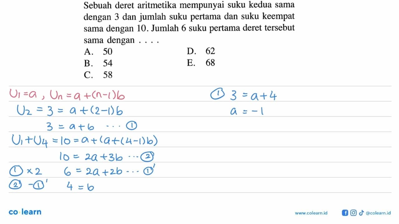 Sebuah deret aritmetika mempunyai suku kedua sama dengan 3