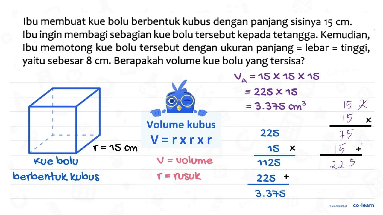 Ibu membuat kue bolu berbentuk kubus dengan panjang sisinya