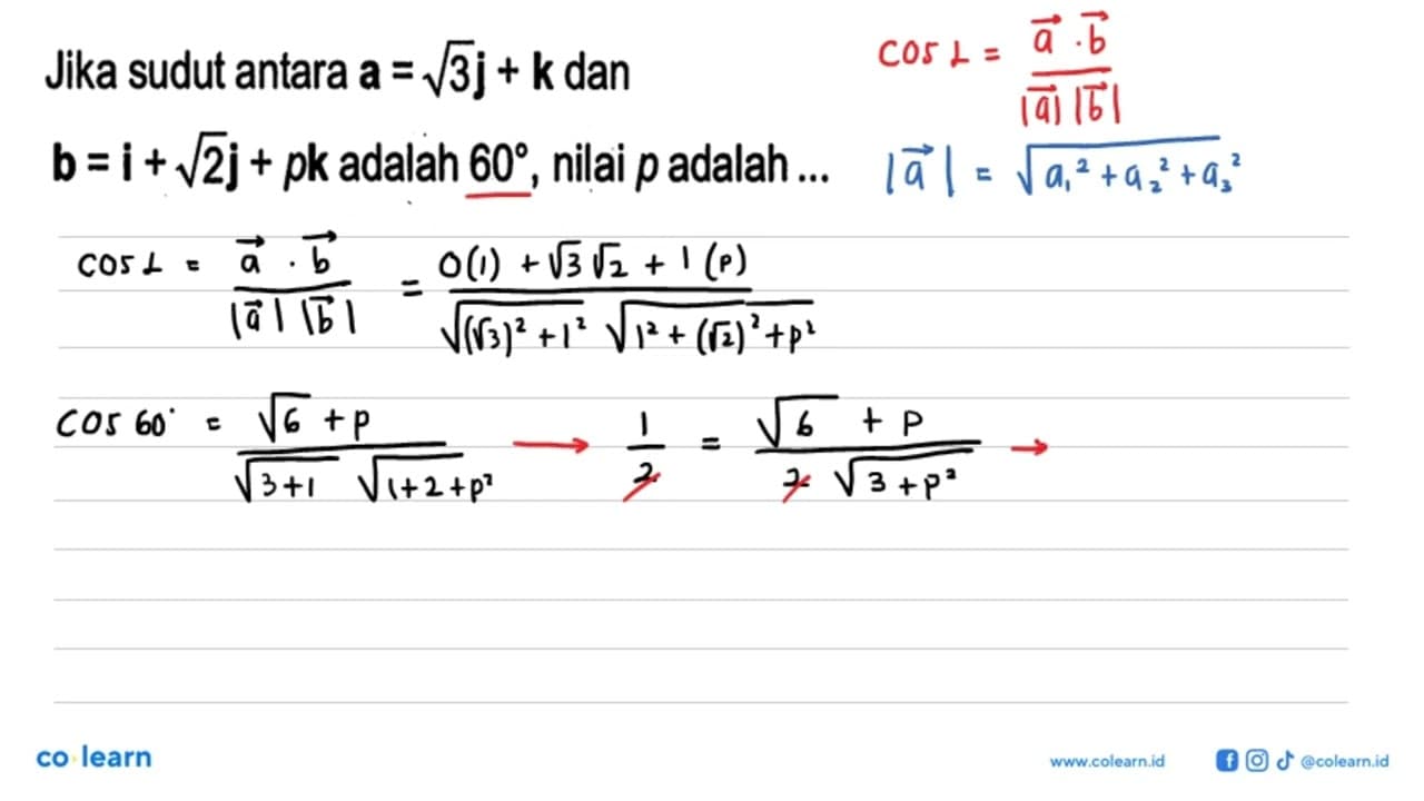 Jika sudut antara a=akar(3)j+k dan b=i+akar(2)j+pk adalah