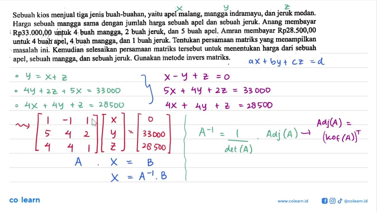 Sebuah kios menjual tiga jenis buah-buahan, yaitu apel