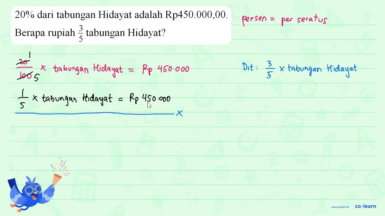 20% dari tabungan Hidayat adalah Rp450.000,00. Berapa