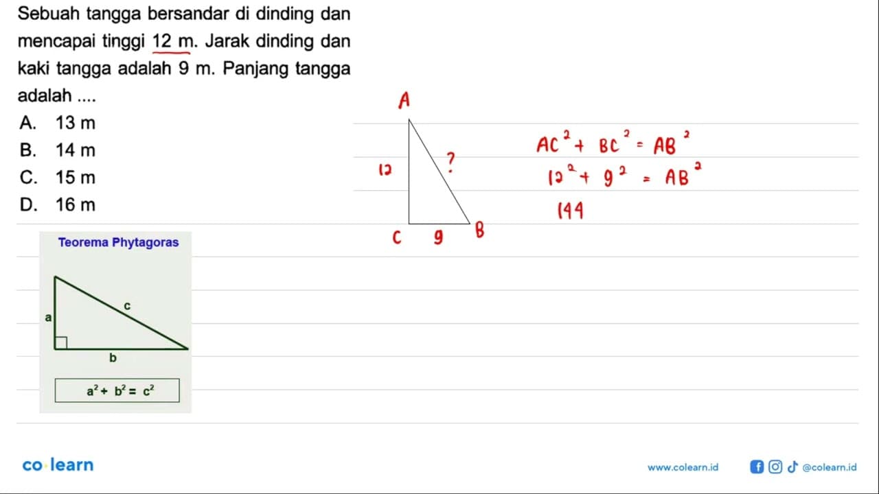 Sebuah tangga bersandar di dinding dan mencapai tinggi 12