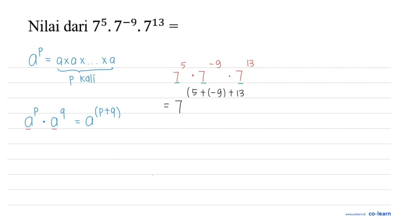 Nilai dari 7^5 . 7^(-9) . 7^13 =