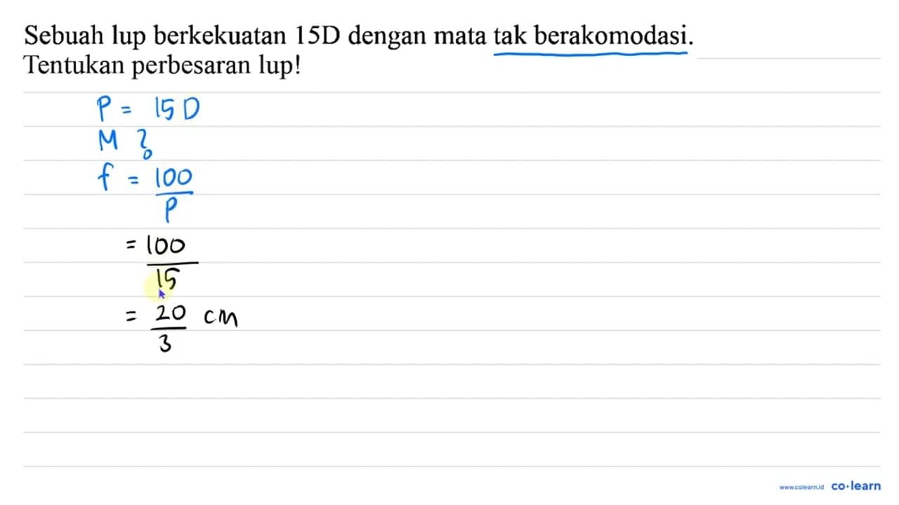 Sebuah lup berkekuatan 15D dengan mata tak berakomodasi.