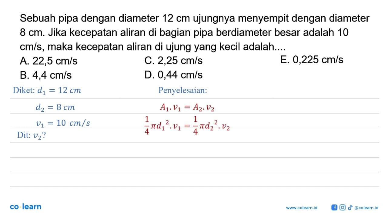 Sebuah pipa dengan diameter 12 cm ujungnya menyempit dengan