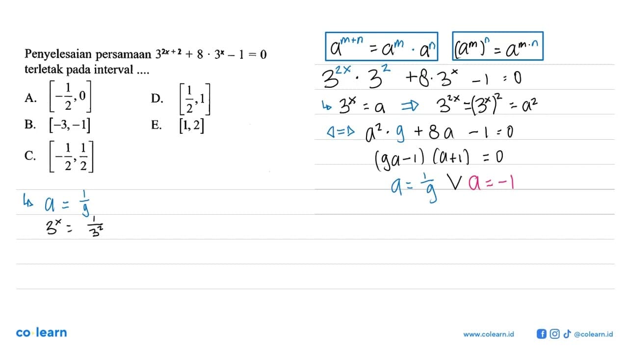 Penyelesaian persamaan 3^(2x-2)+8.3^(x-1)=0 terletak pada