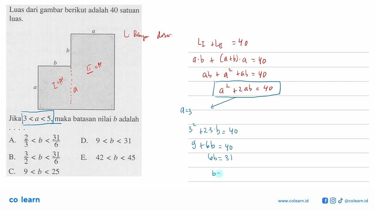 Luas dari gambar berikut adalah 40 satuan luas. Jika 3<a<5,