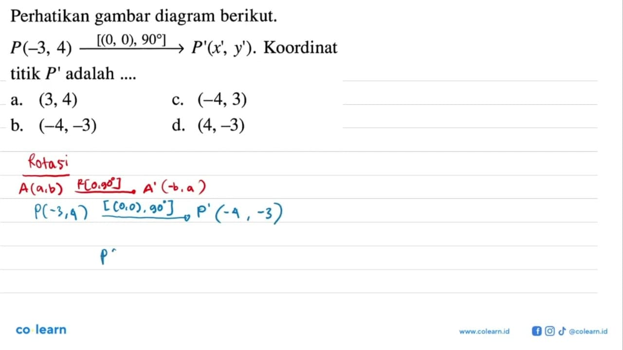 Perhatikan gambar diagram berikut. P(-3,4) [(0,0), 90]->