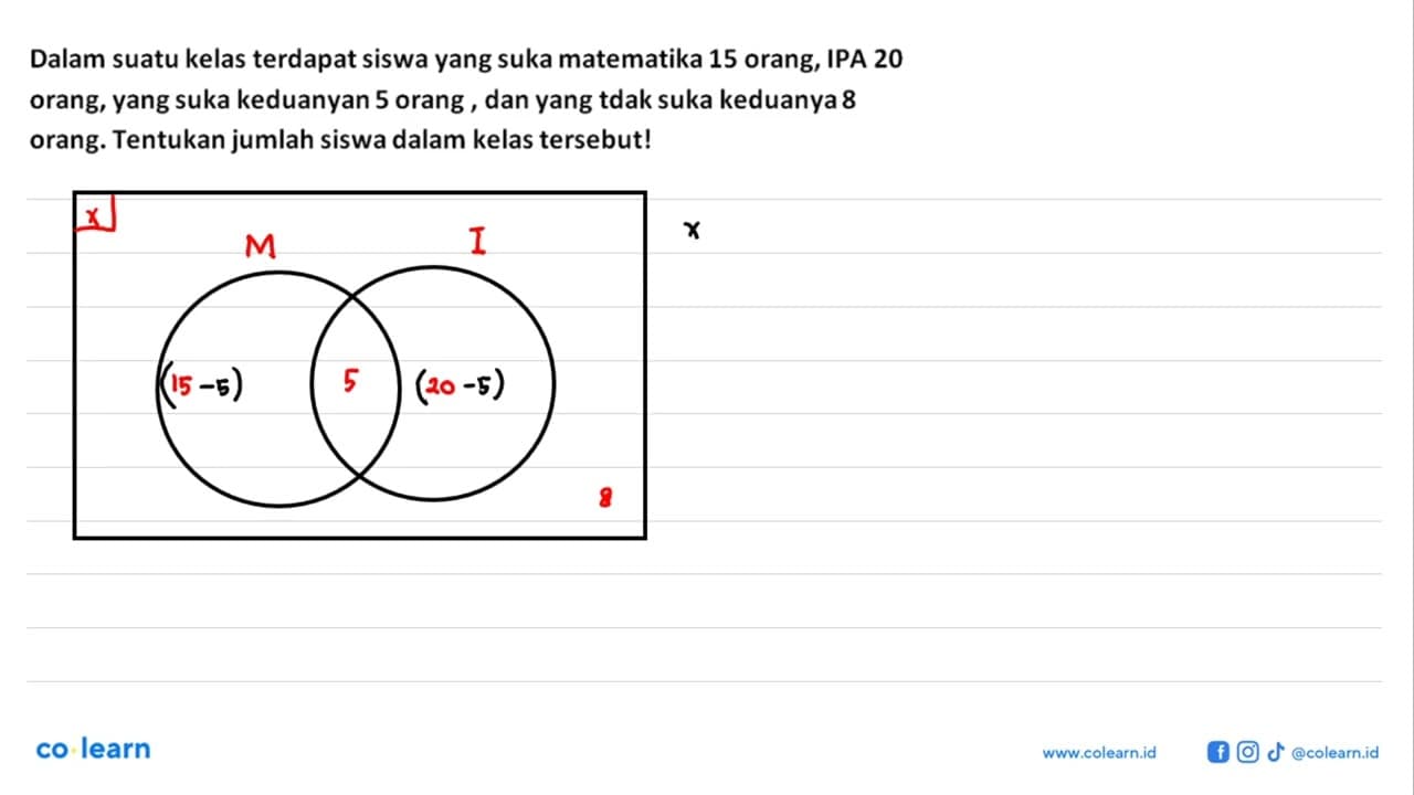 Dalam suatu kelas terdapat siswa yang suka matematika 15