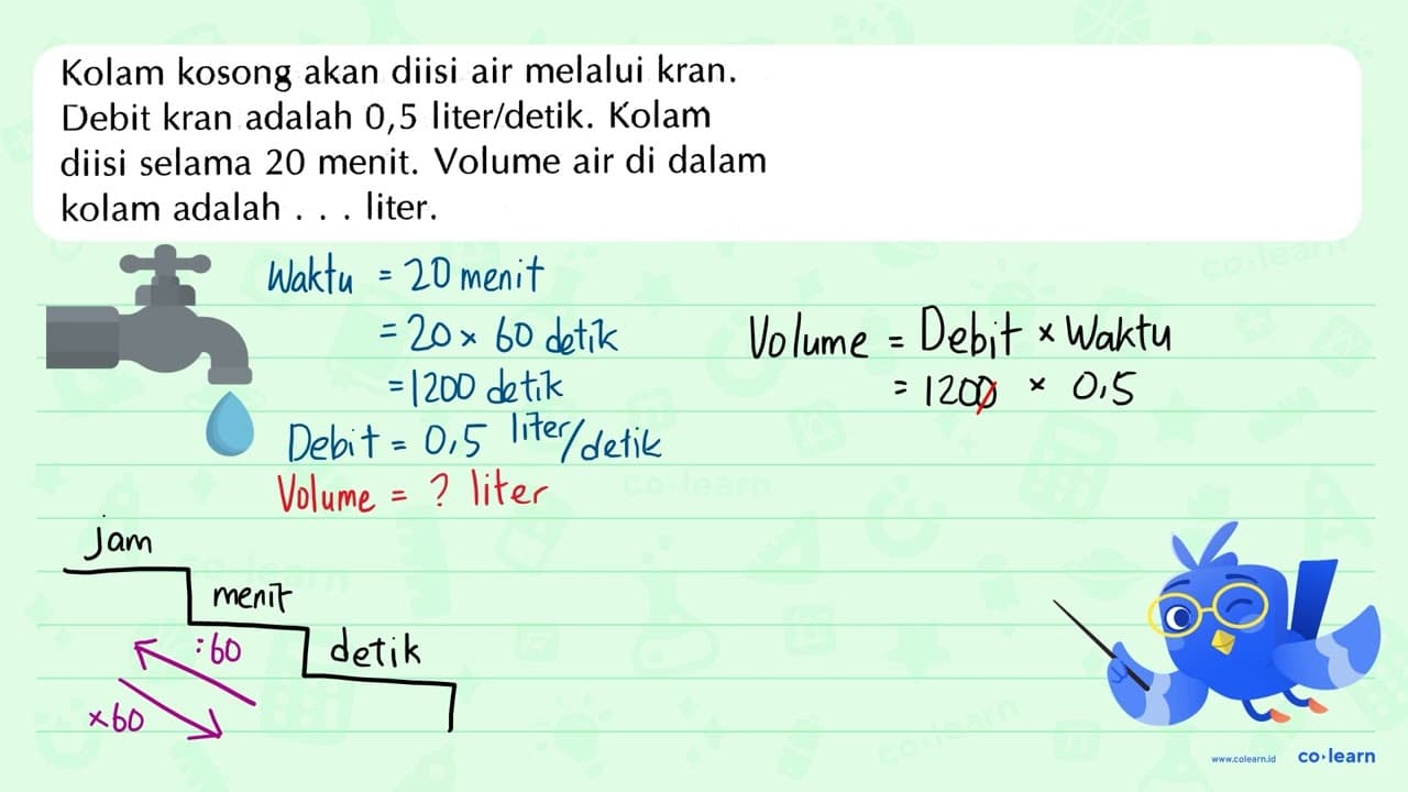 Kolam kosong akan diisi air melalui kran. Debit kran adalah