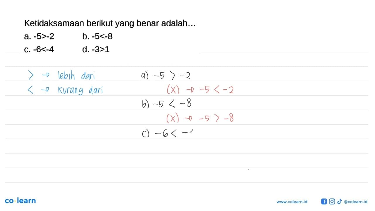 Ketidaksamaan berikut yang benar adalah... a. -5>-2 b.