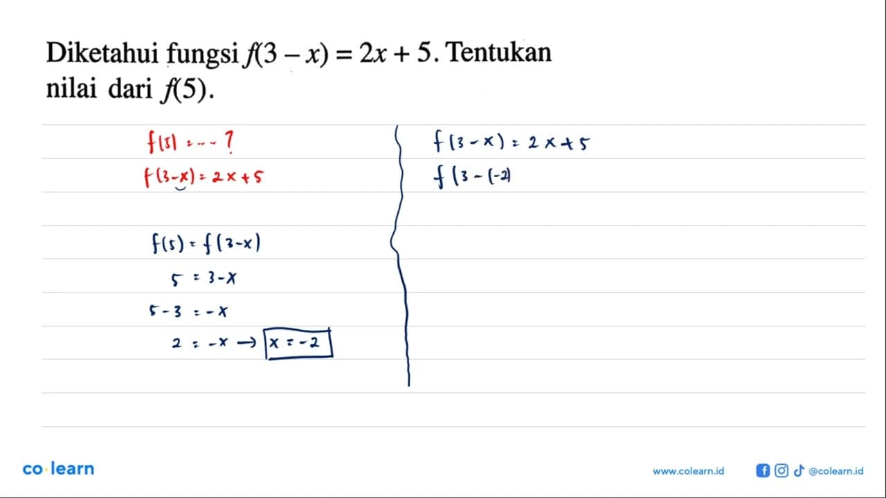 Diketahui fungsi f(3 - x) = 2x + 5. Tentukan nilai dari