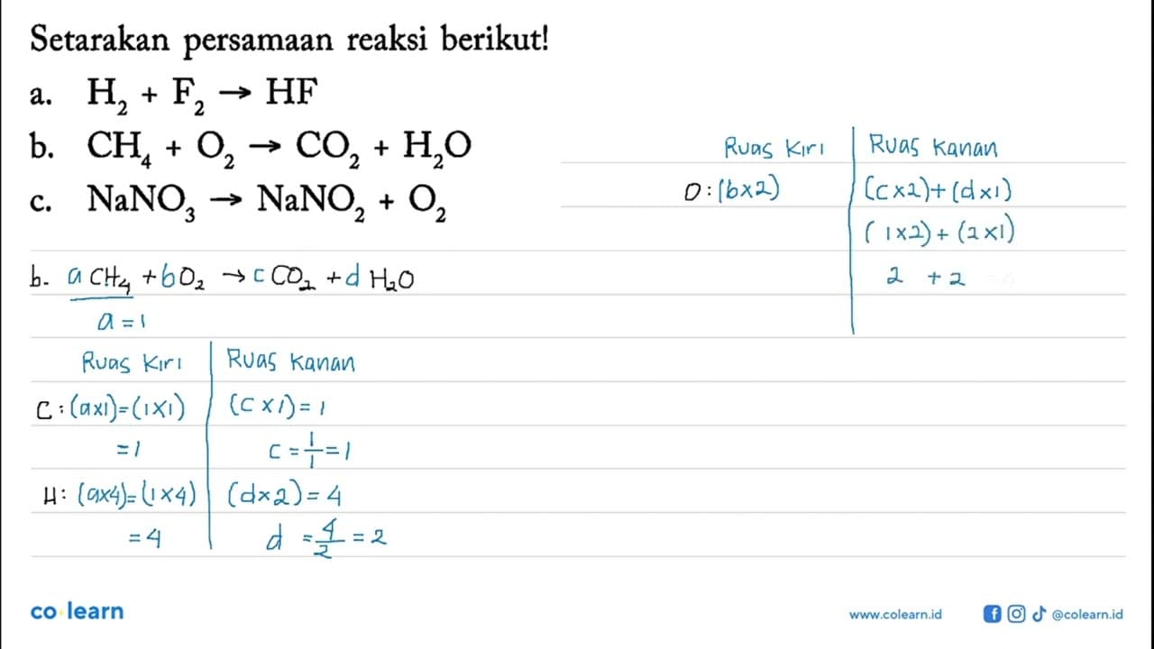 Setarakan persamaan reaksi berikut!a. H2+F2 -> HFb. CH4+O2