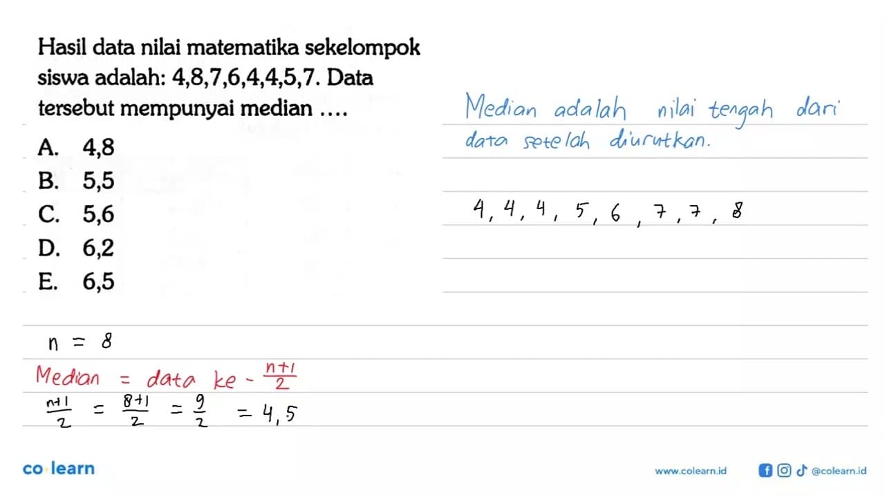 Hasil data nilai matematika sekelompok siswa adalah: