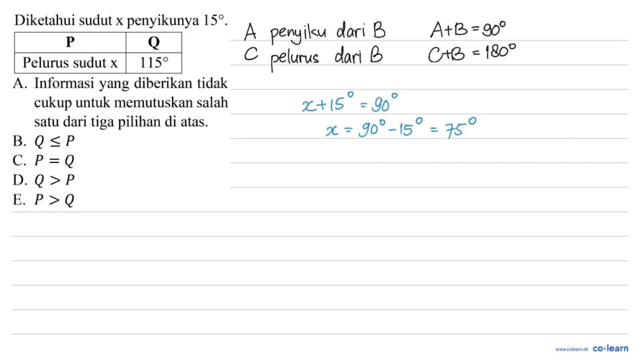 Diketahui sudut x penyikunya 15 . {P) {Q) Pelurus sudut x