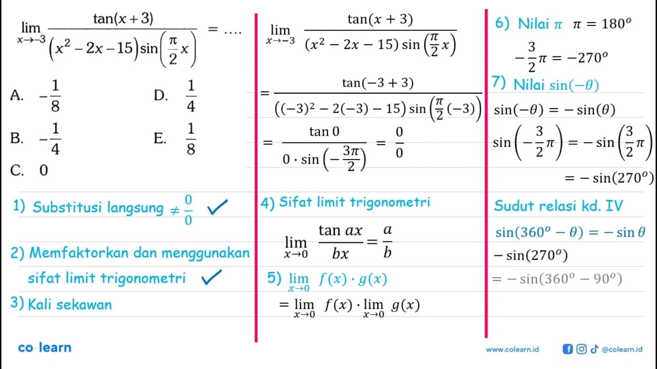 lim x-> -3 tan(x-3)/((x^2-2x-15)sin(pi/2x)) = ...