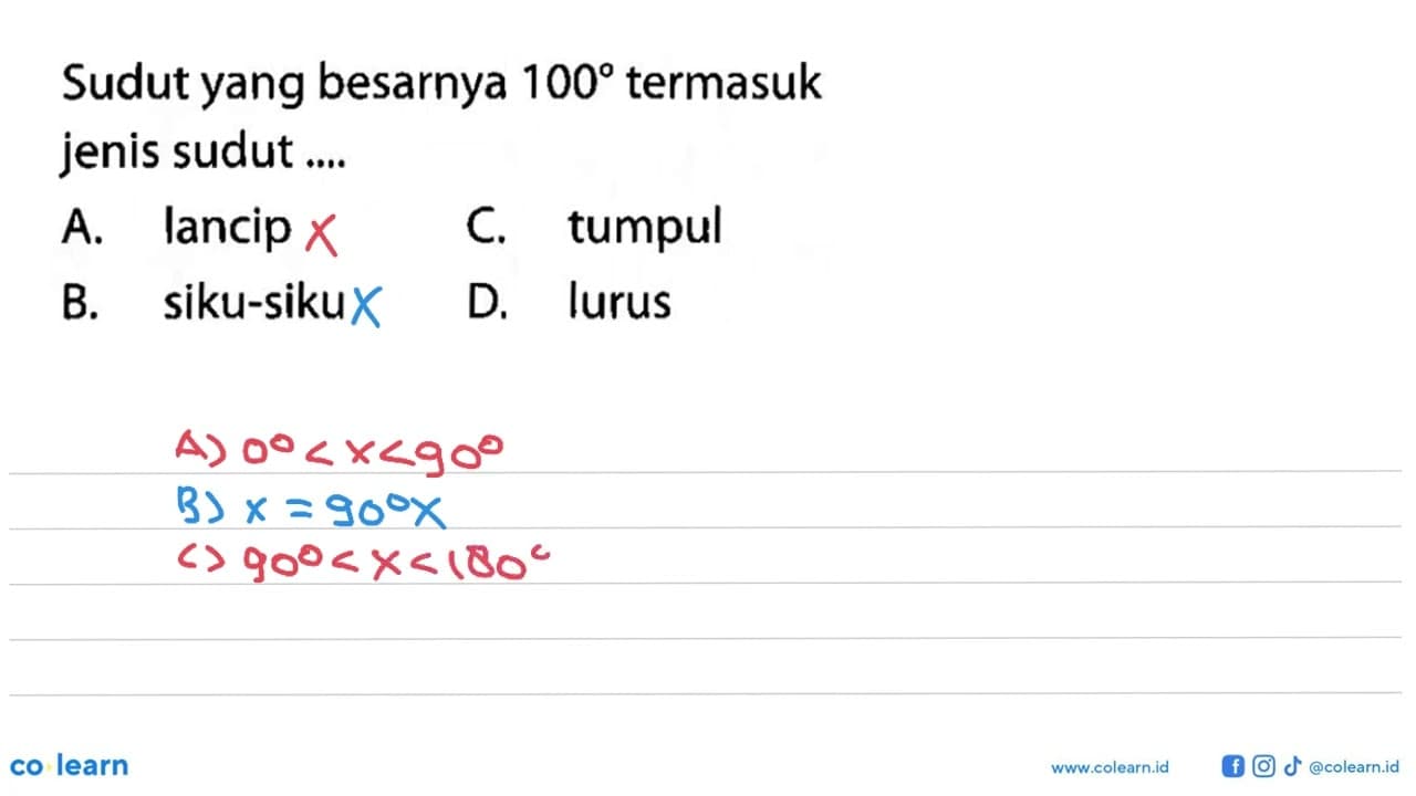 Sudut yang besarnya 100 termasuk jenis sudut ....