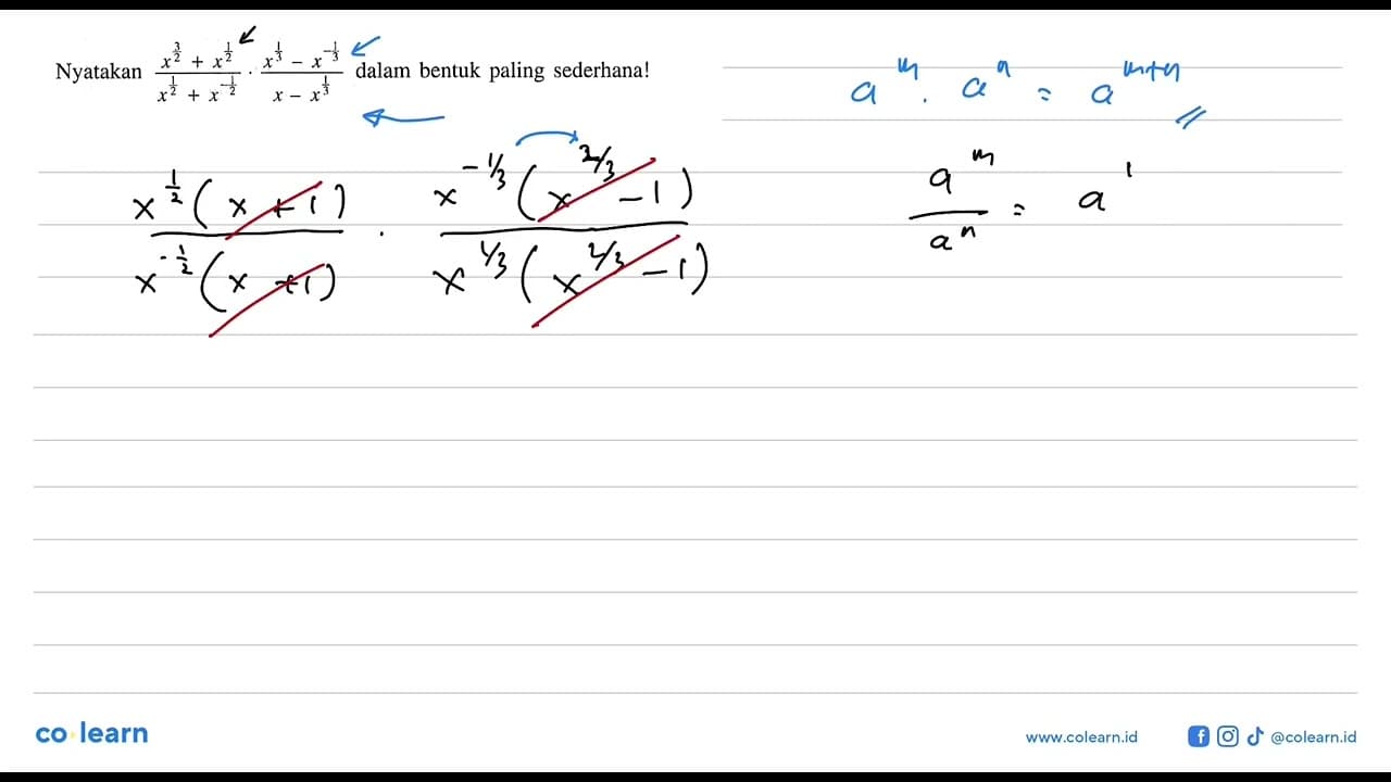 Nyatakan (x^(3/2)+x^(1/2))/((x^(1/2)+x^(-1/2)) .