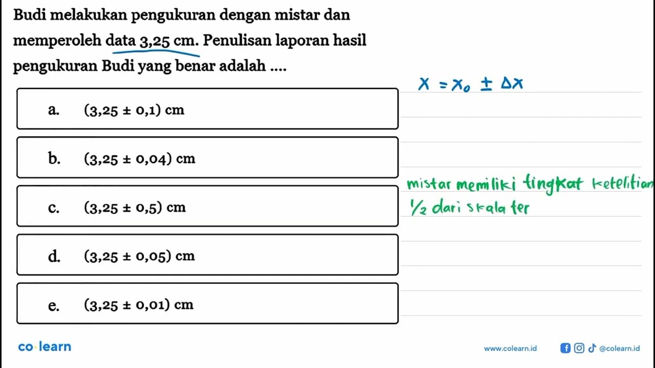 Budi melakukan pengukuran dengan mistar dan memperoleh data