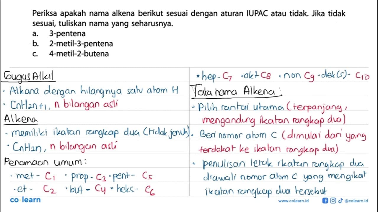 Periksa apakah nama alkena berikut sesuai dengan aturan