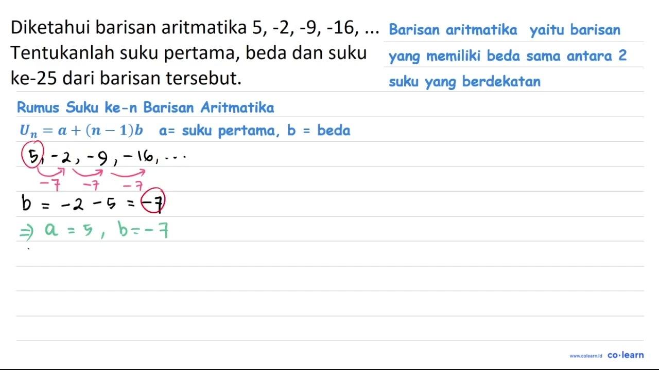 Diketahui barisan aritmatika 5,-2,-9,-16, ... Tentukanlah