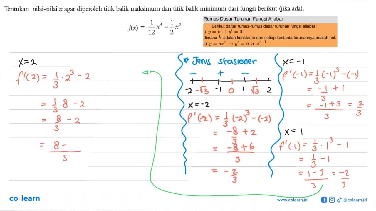 Tentukan nilai-nilai x agar diperoleh titik balik maksimum