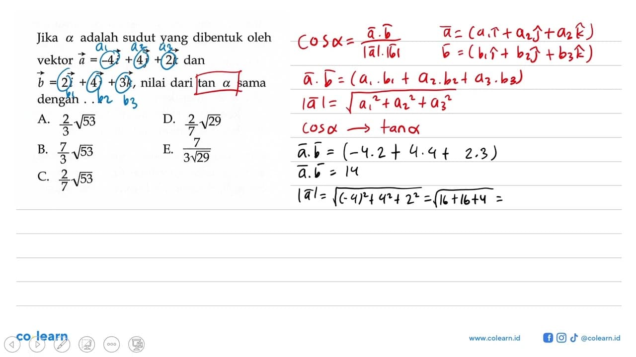 Jika a adalah sudut yang dibentuk oleh vektor a=-4i+4j+2k