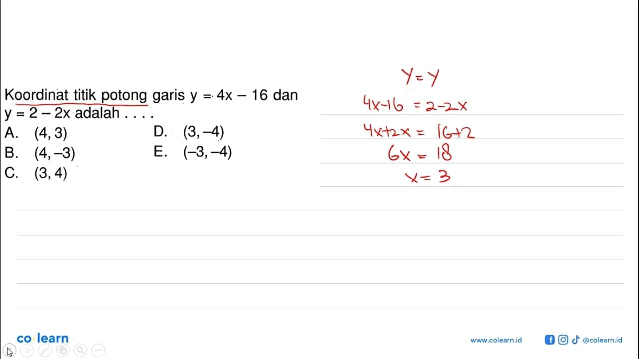 Koordinat titik potong garis y=4x-16 dan y=2-2x adalah