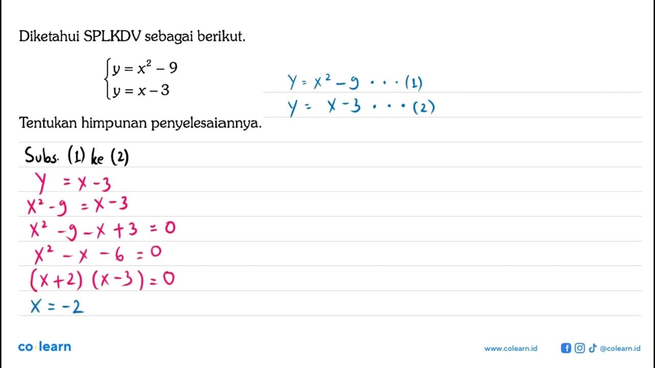 Diketahui SPLKDV sebagai berikut. y=x^2-9 y=x-3 Tentukan