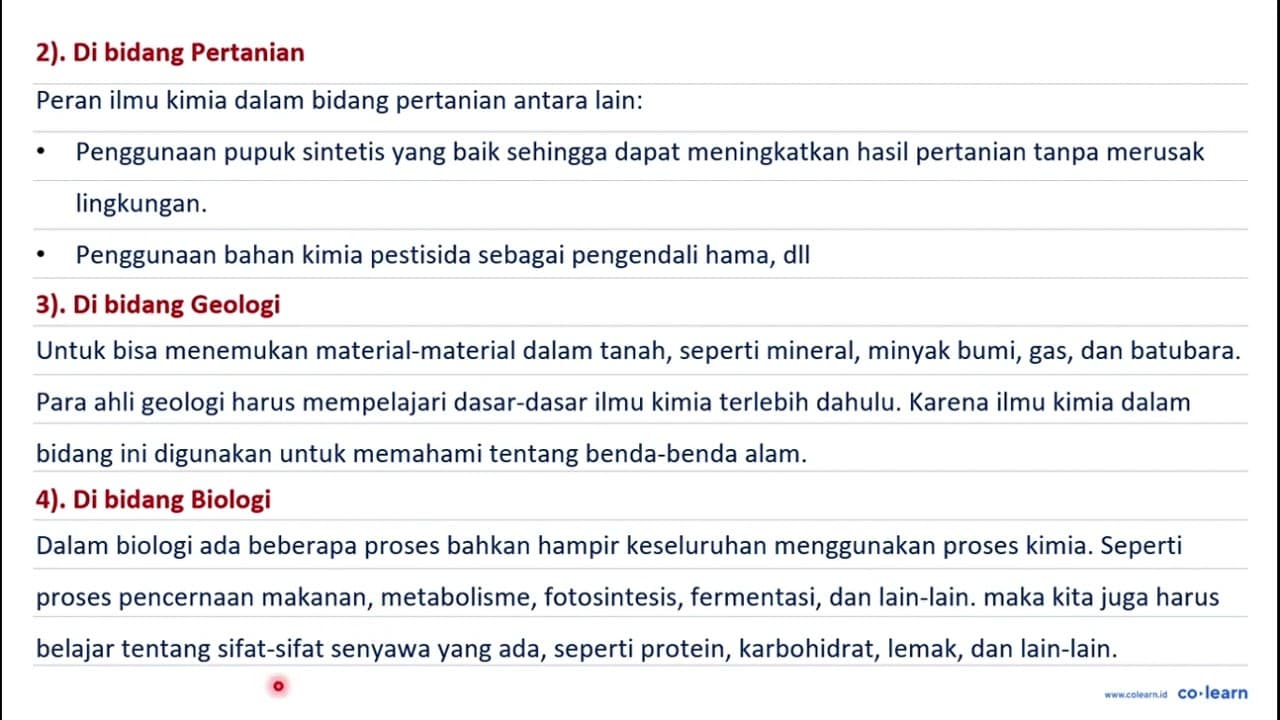 Berikut ini peran ilmu kimia dalam berbagai bidang,