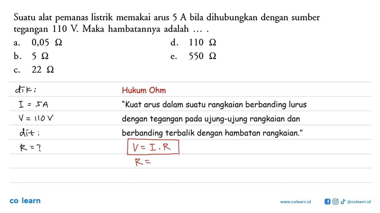 Suatu alat pemanas listrik memakai arus 5 A bila