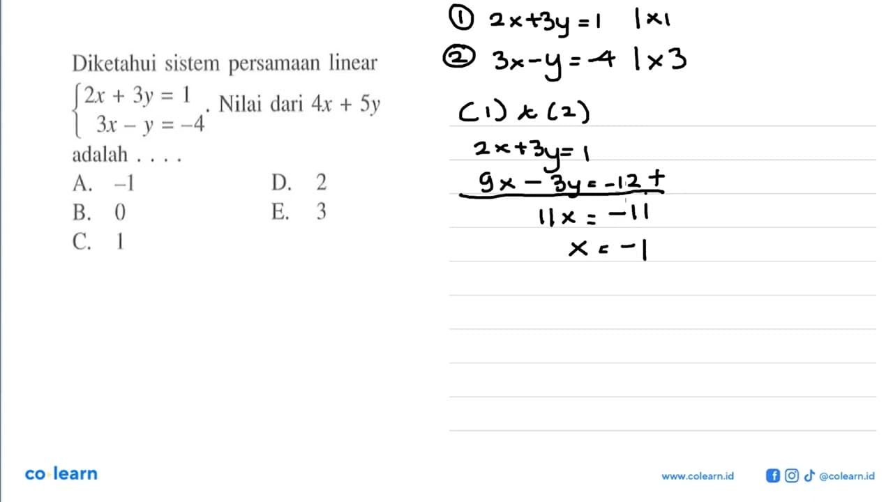 Diketahui sistem persamaan linear 2x+3y=1 3x-y=-4. Nilai