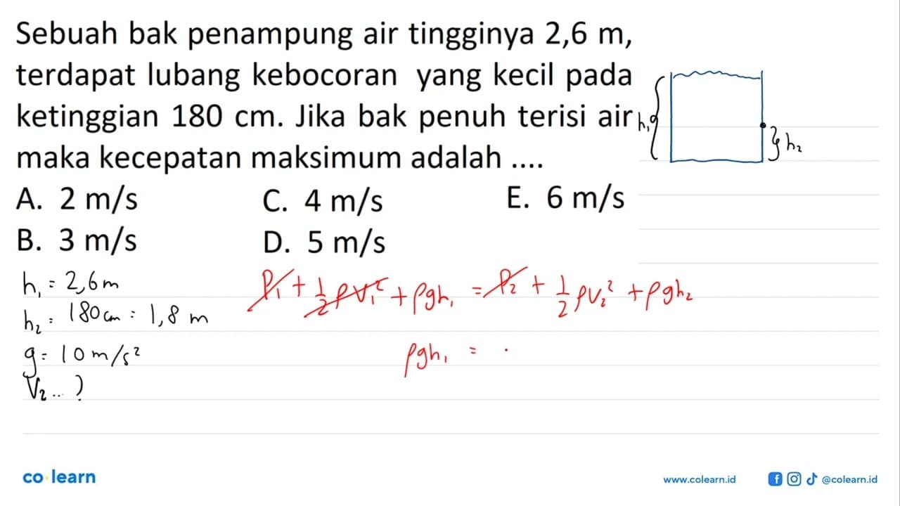 Sebuah bak penampung air tingginya 2,6 m , terdapat lubang