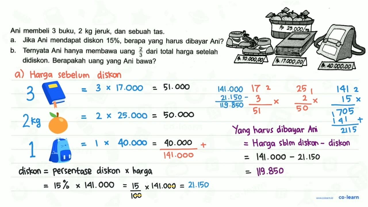 Ani membeli 3 buku, 2 kg jeruk, dan sebuah tas. a. Jika Ani