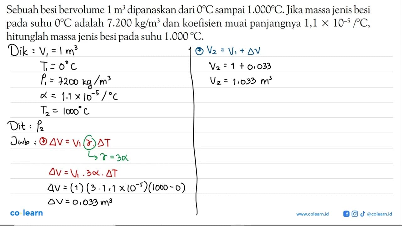 Sebuah besi bervolume 1 m^3 dipanaskan dari 0 C sampai