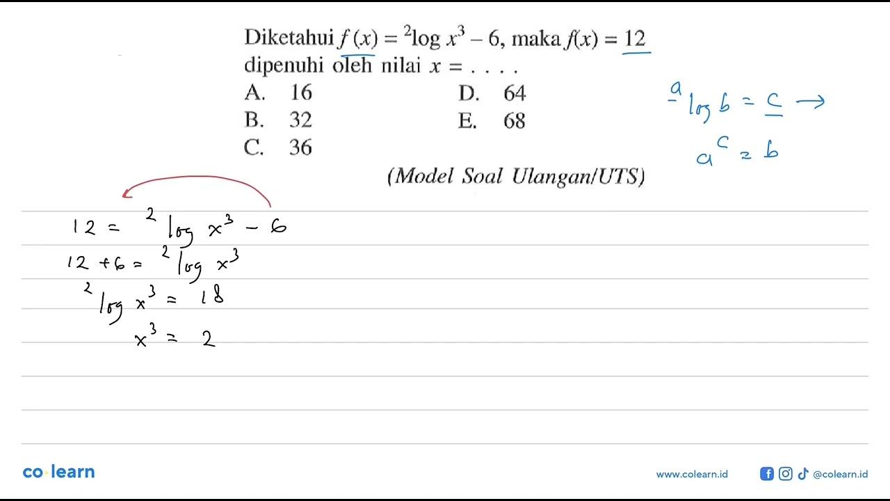 Diketahui f(x)=2log(x^3)-6, maka f(x)=12 dipenuhi oleh