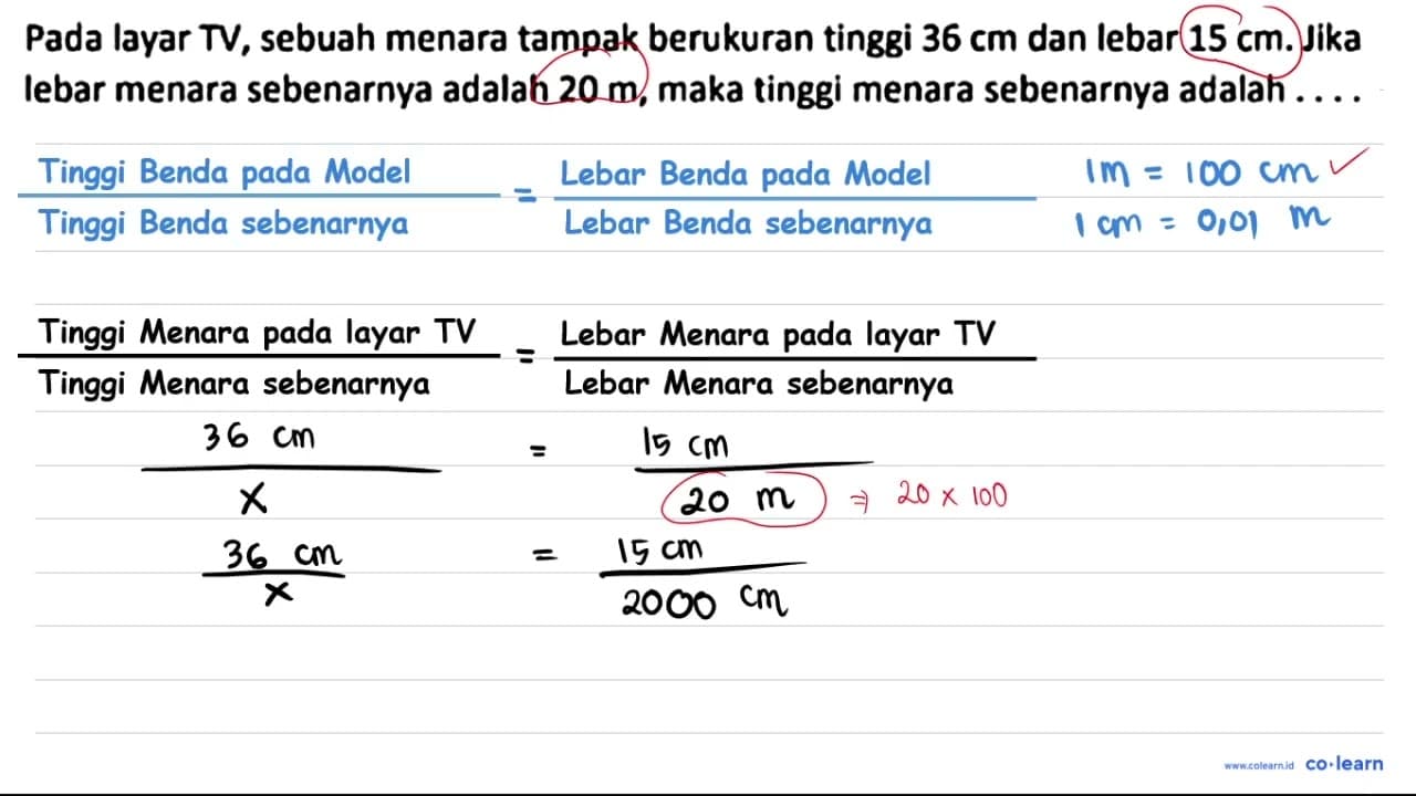 Pada layar TV, sebuah menara tampak berukuran tinggi 36 cm