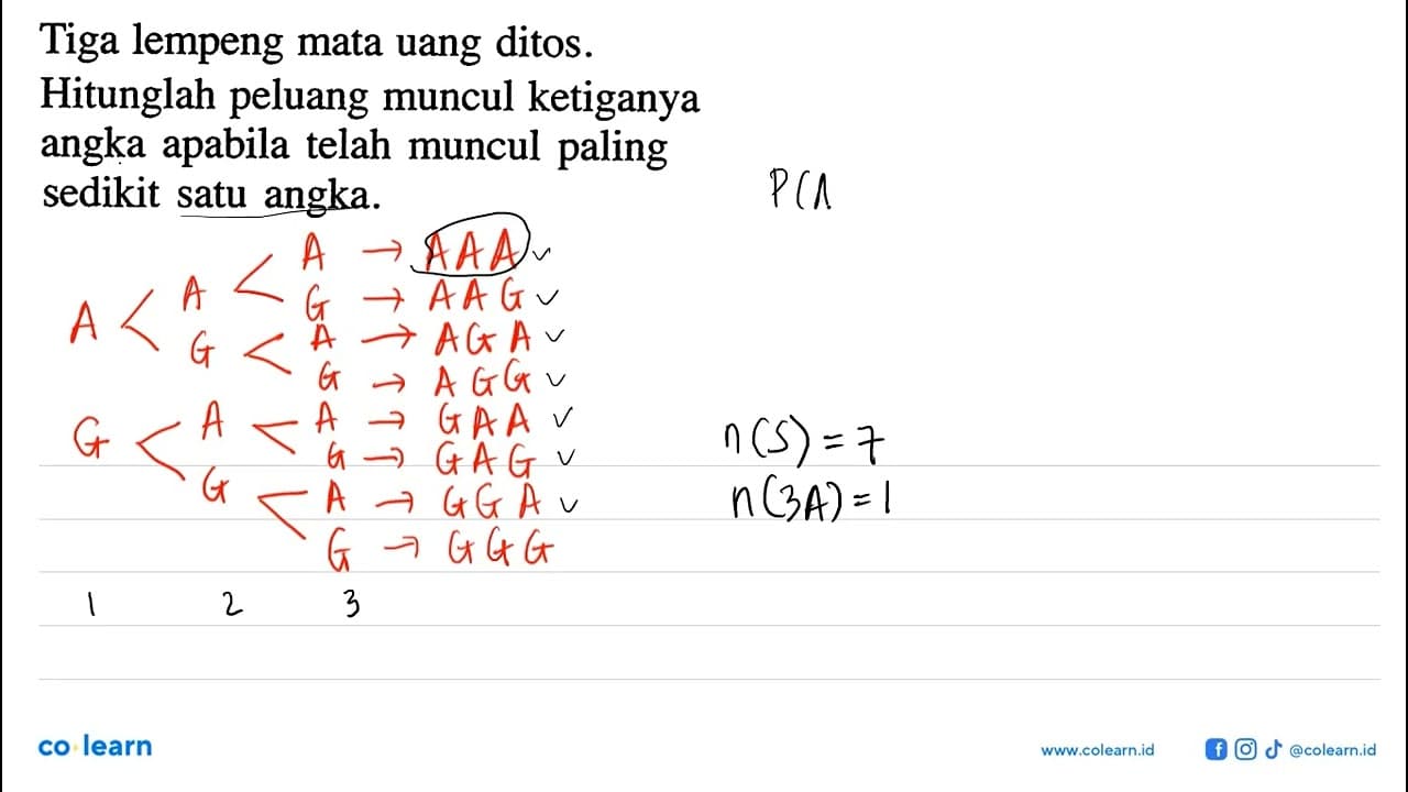 Tiga lempeng mata uang ditos. Hitunglah peluang muncul