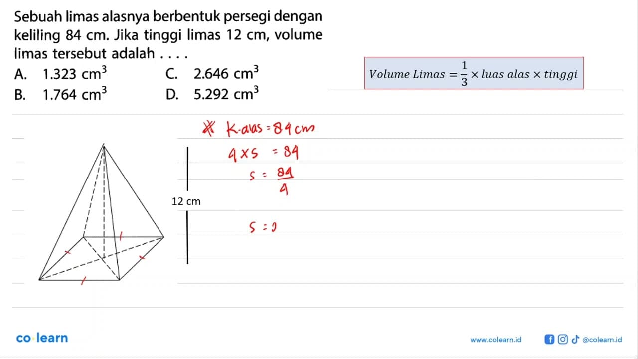 Sebuah limas alasnya berbentuk persegi dengan keliling 84