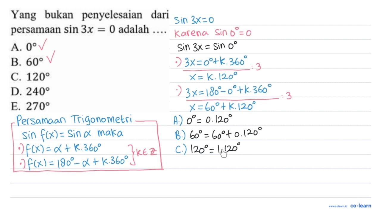 Yang bukan penyelesaian dari persamaan sin 3 x=0 adalah