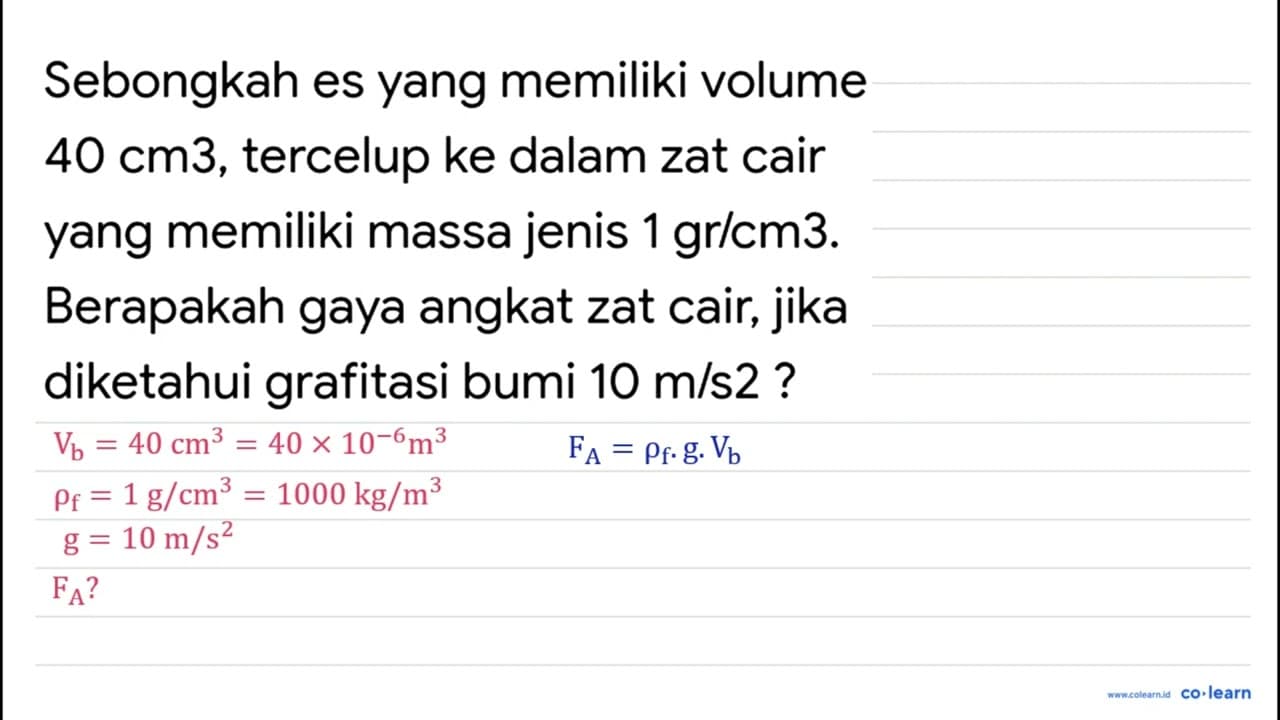 Sebongkah es yang memiliki volume 40 cm 3 , tercelup ke