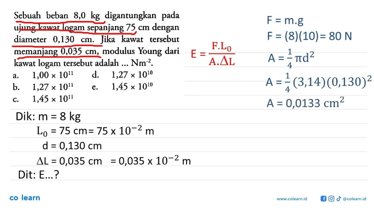 Sebuah beban 8,0 kg digantungkan pada ujung kawat logam