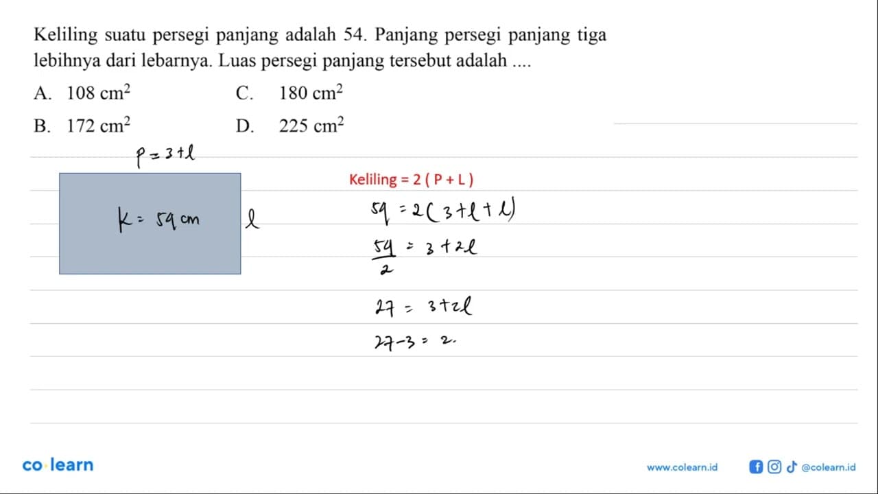 Keliling suatu persegi panjang adalah 54. Panjang persegi