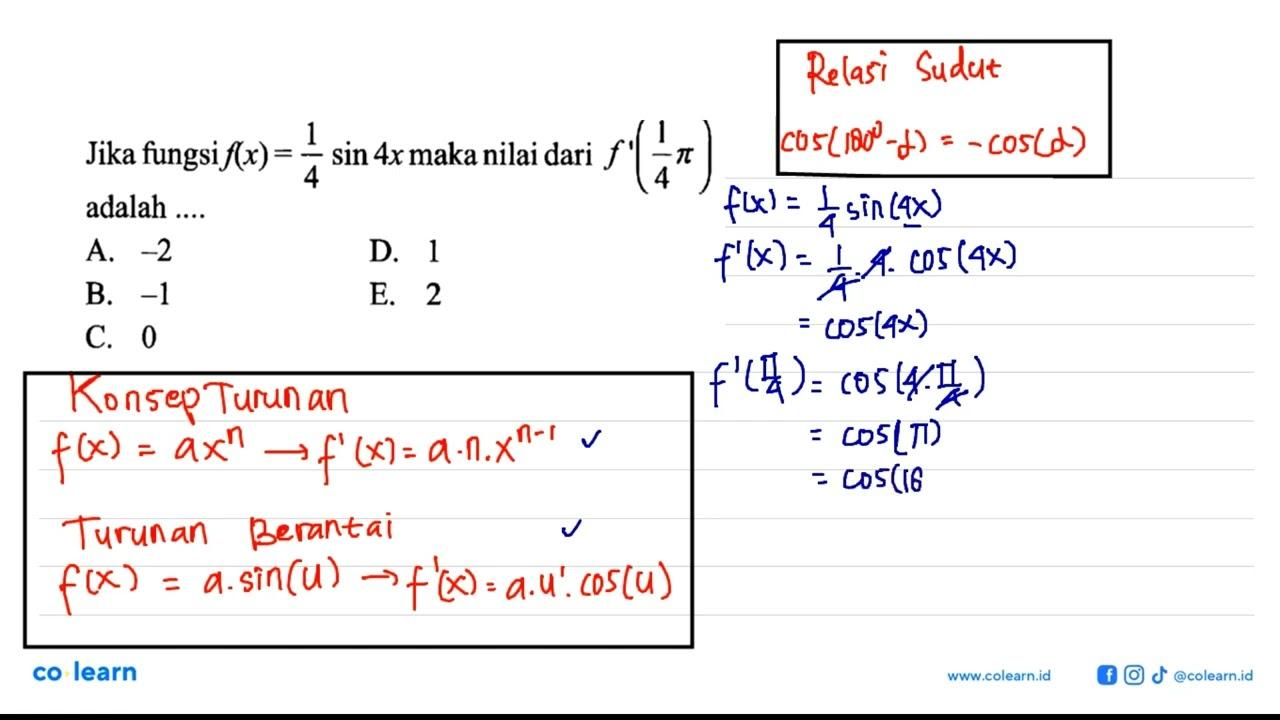 Jika fungsi f(x)=1/4 sin 4x maka nilai dari f'(1/4 pi)